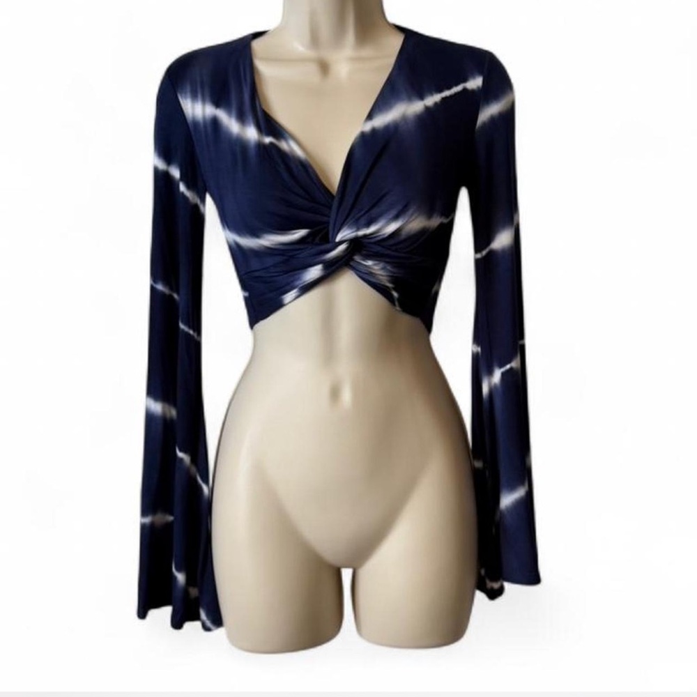 Navy Tie Dye Bell‎ Sleeve Crop Top